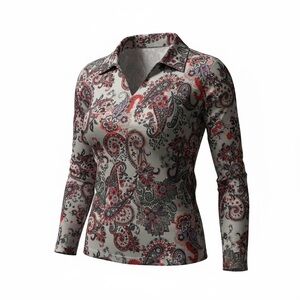 Paisley Collared Long-Sleeve Blouse in Red & Gray